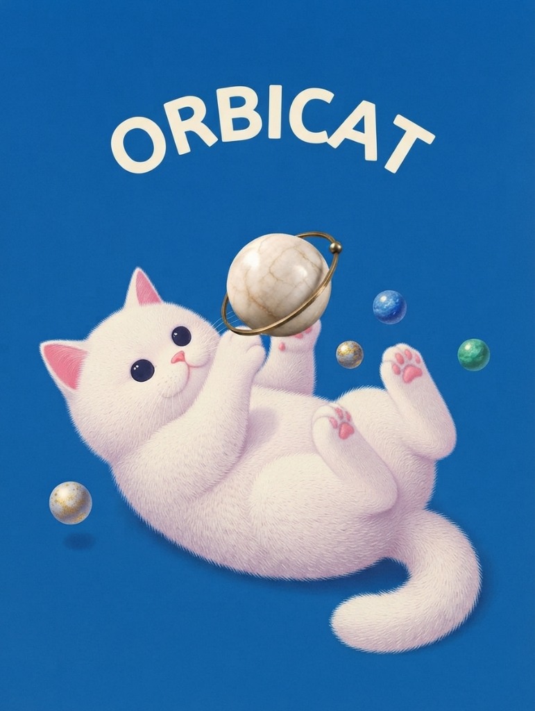 Orbicat - White fluffy cat floating in blue orbit playing with planets